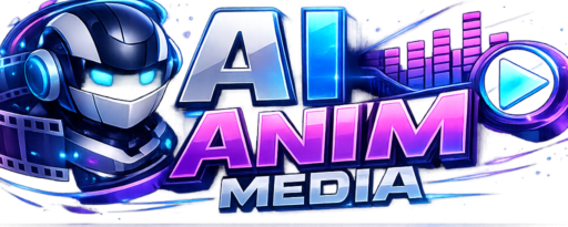 AI Anim Media 3D logo featuring a futuristic robot head, film reel, play button icon, and glowing neon blue-purple typography representing AI animation, video creation, and digital media technology.
